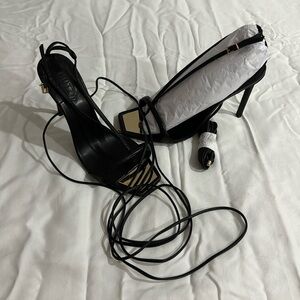 Schutz Vikki Heel - Black Leather Gold Accent Wrap Stilettos Size 7.5